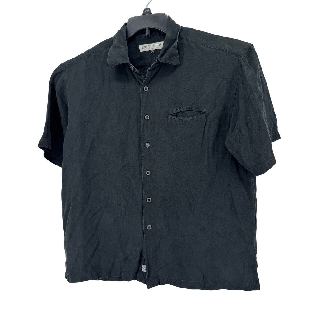 Quiksilver Edition Shirt Mens Large Black Silk Linen Tropical Palm‎ Leaf Aloha